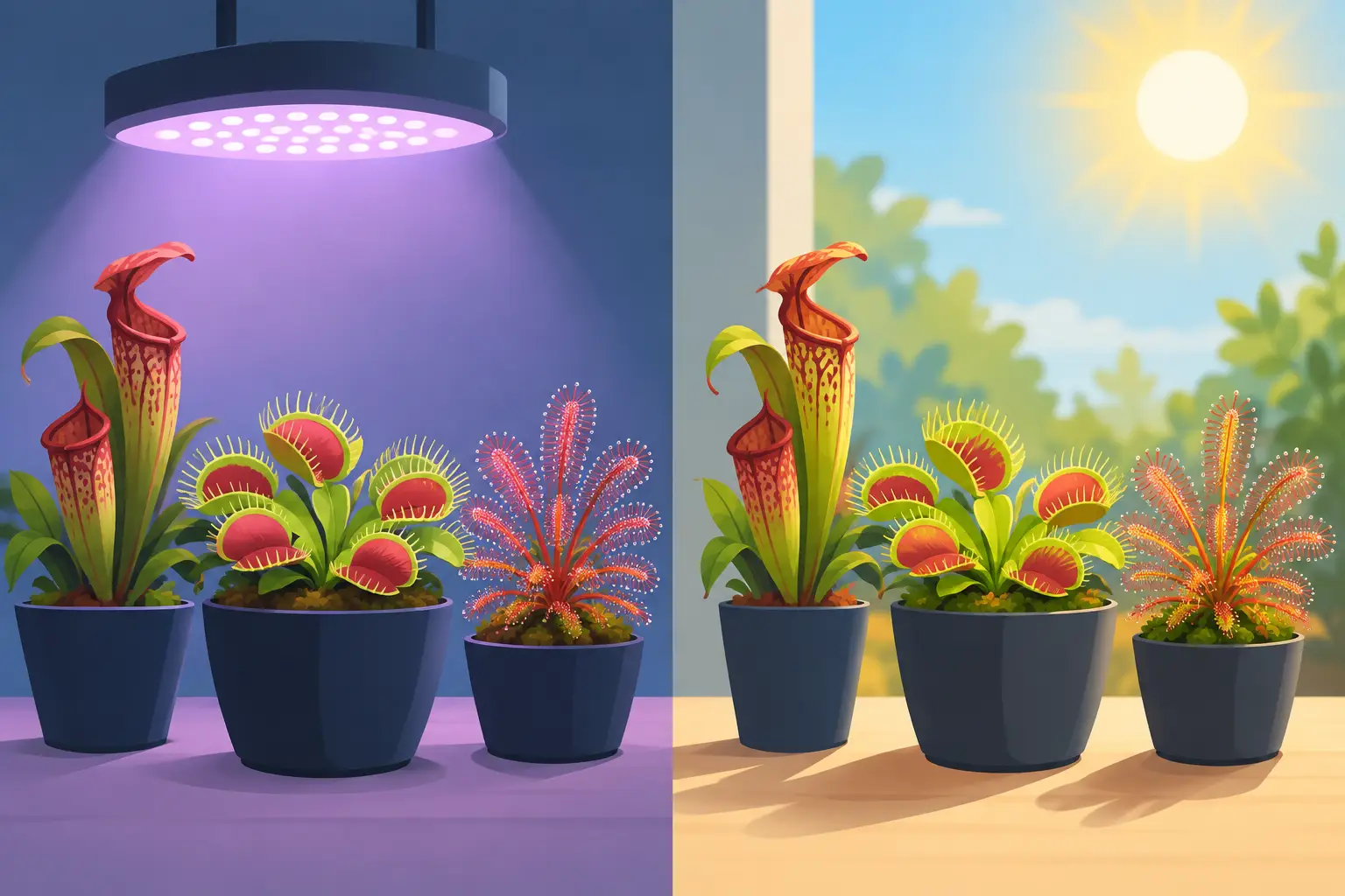 Luz artificial versus luz solar en carnívoras